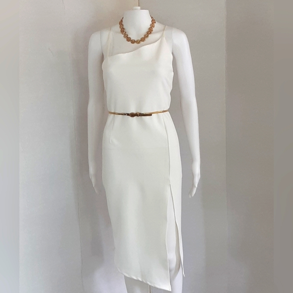 JUST QUELLA White Spaghetti Strap Asymmetric Bodycon Dress Sz 12 NWT